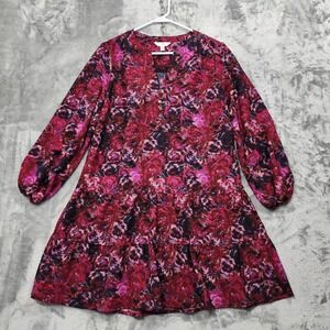 NEW Time And Tru Dress Womens M Multicolor Floral Tiered Long Sleeve Casual